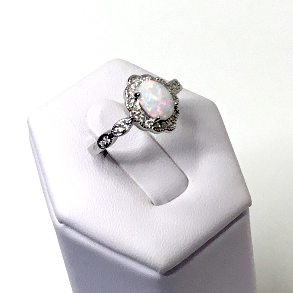 Sterling Silver Lab Opal & Clear Cz Ring